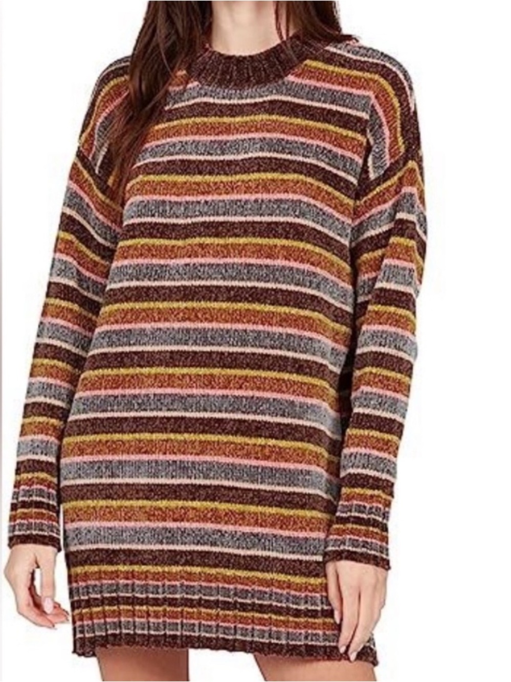 Volcom Large Dress Sweater Bubble Tea Chenille Dark Chocolate Striped NWT